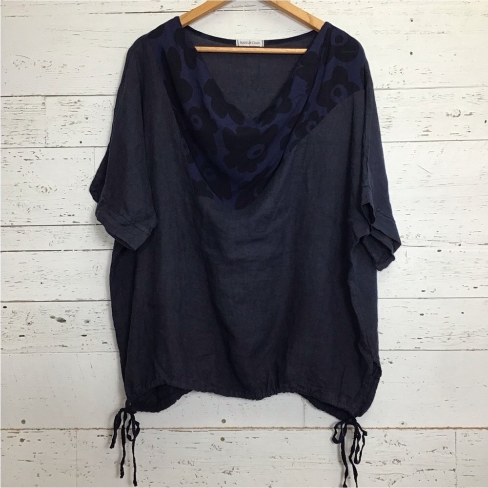 100% Linen Made in Italy Over-Sized Lagenlook Look Asymmetrical Navy Blue Top​​